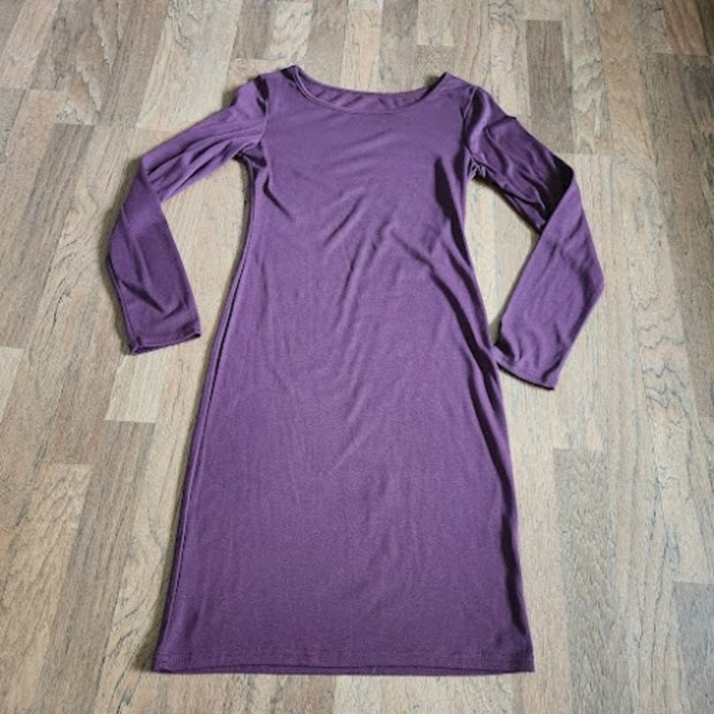 Plum Purple Long Sleeve Bodycon Midi Dress Scoop Neck Jersey Knit Minimalist 447